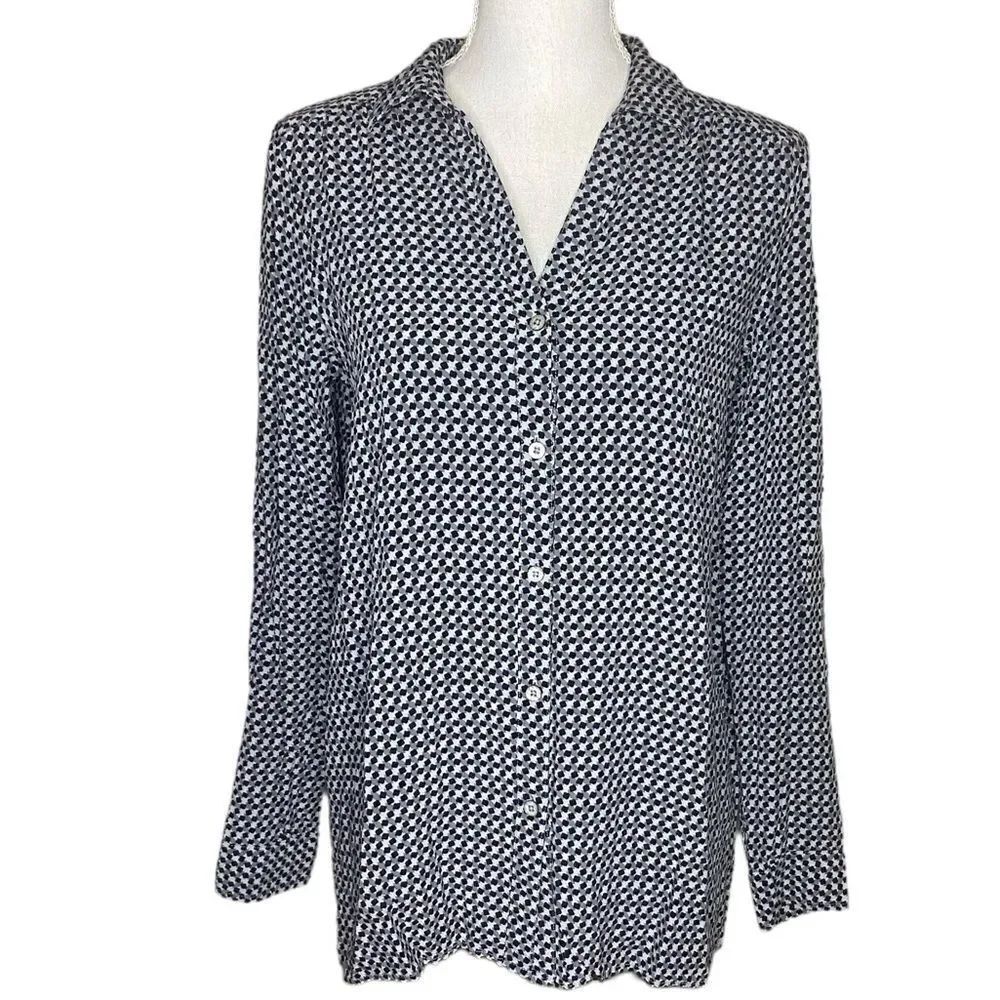 J Jill Sz XS Gray Black Geometric Design Long Sleeve Rayon Button Down Blouse